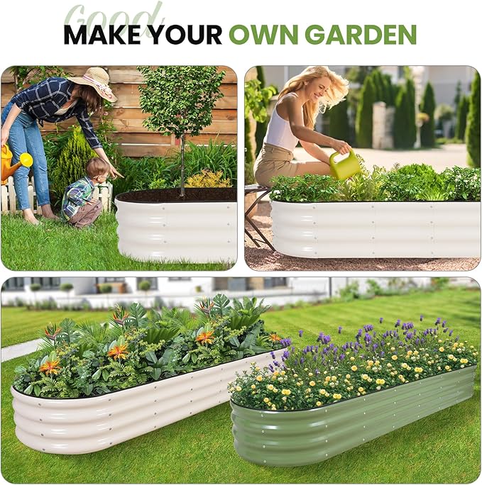 G GOOD GAIN Raised Garden Beds - 8x2x1ft Galvanized Planter Boxes Kit with Protective Tape & Gloves & Tools | Oval Metal Outdoor Raised Bed for Gardening Vegetables, Fruits, Flowers, Herbs, White