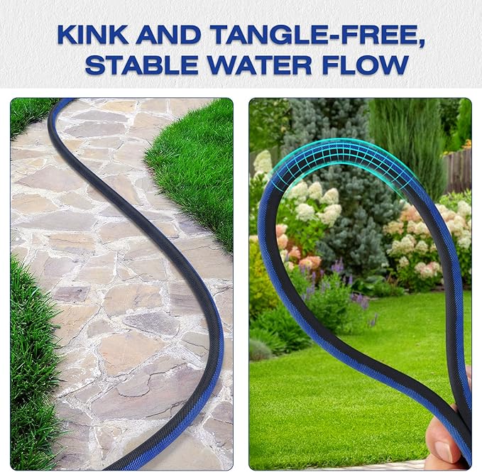 Ultra Lightweight 50FT Garden Hose - Heavy-Duty Kink-Free Flexible Hose, Non-Expanding Design with Aluminum Brass Fittings, Crush-Proof for Yard/Lawn/Outdoor Use(black-blue, 50 FT)