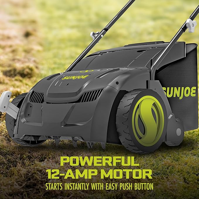 Sun Joe Corded Electric Dethatcher & Scarifier with 8-Gal Bag, 12.6-Inch Cutting Width, 12-Amp Motor - Heavy-Duty Yard Trimmer for Gardening Care and Lawn Maintenance, AJ801E
