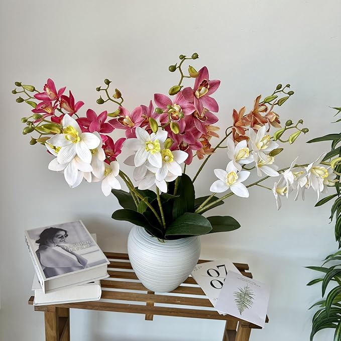 Soft Film Leaf Double Fork 9-Head Tiger Head Orchid Home Living Room DIY Flower Arrangement Ornaments Wedding Flowers (Color : 12)
