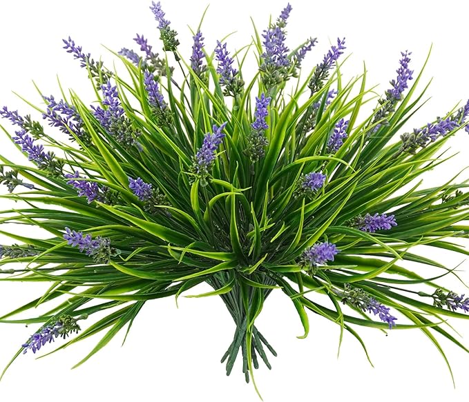obbsie 12 Bundles Artificial Plants Outdoor, 18.2" UV Resistant Faux Monkey Grass Greenery Stems No Fade Faux Plastic Flowers Shrubs for Home Weddings Garden Porch Front Patio Office Decor - Purple