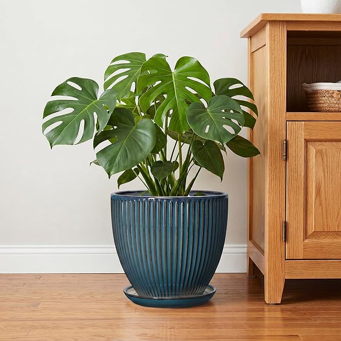 Ceramic Planter, 10 Inch Plant Pot with Drainage Hole and Saucer, Round Planters for Indoor Plants, Decorative Plant Pots, Modern Planter, Living Room Decor, Gifts for Plant Lovers, Retro Blue