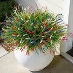 Artificial Faux Plants for Outdoor Spring Decoration, 12 Pcs Fake Monkey Grass for Garden Porch Balcony Planters, Fake Flowers Shrubs UV Resistant No Fade Plants Greenery Bush (Red Blue White)