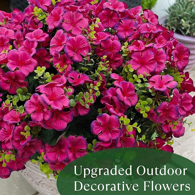 Artificial Geranium Flowers for Outdoor Decoration, 6 Bundles UV Resistant Silk Geranium Fake Plants Faux Flowers for Front Porch Garden Patio Window Box Outside Indoor Decor (Purplish Red)