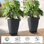 Set of 2 Tall Planter, 21 inch Large Plastic Planter with Drain Hole & Saucers, Large Outdoor Planters for Porch, Garden, Patio, Balcony(Cement Gray)
