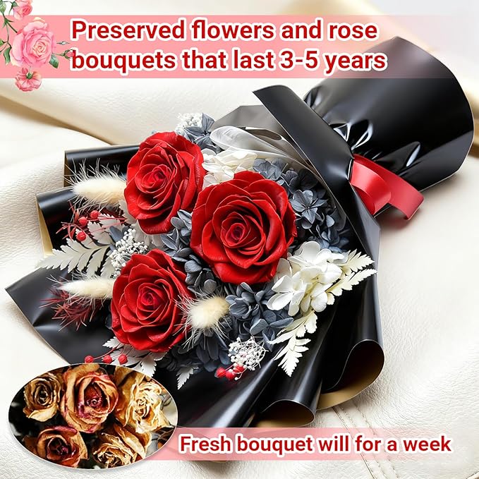 Preserved Flowers Bouquet, Flowers for Delivery,Handmade Red Rose Bouquets Lasting 3-5 Years, Luxury Gift Box,Birthday Flowers Gifts for Women Mom Grandma Wife Friends