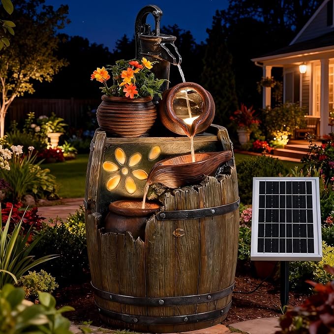 Solar Outdoor Water Fountain with Pump, 29 Inch High Rustic Barrel Cascading Waterfall Fountain, 3-Tier Garden Water Feature for Patio, Backyard, Yard & Outdoor Decor