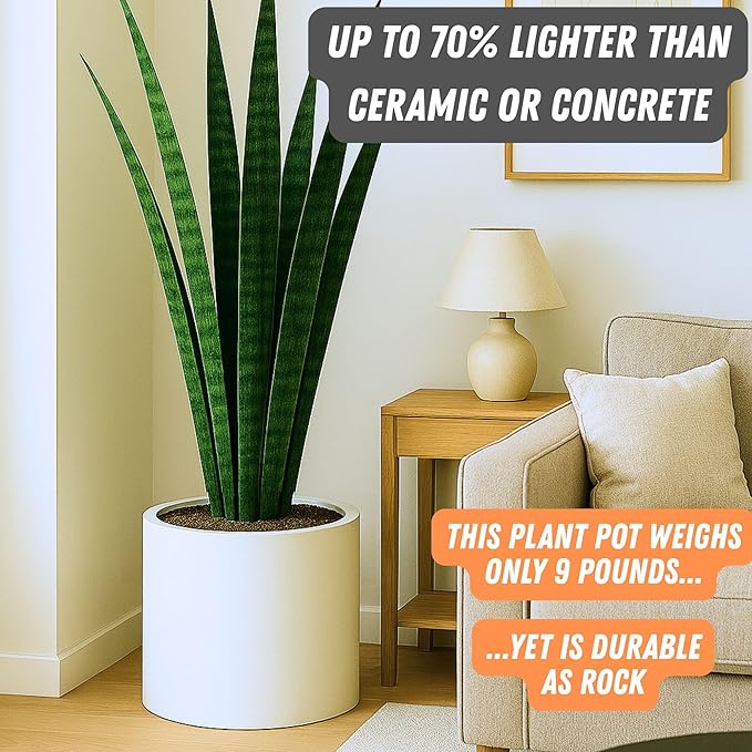 Fox & Fern 15" Large Planter Fits Plant Stand - Fiberstone - Drainage Plug - Indoor Outdoor - Matte White