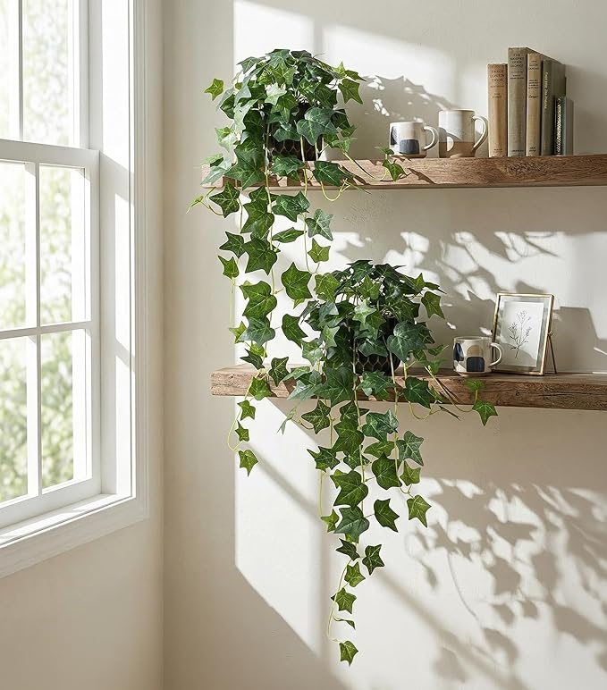 Fake Plants 2Pcs Faux Ivy Plants Potted Indoor Artificial Hanging Plants Realistic Hanging Fake Greenery Table Desk Bathroom Office Bedroom Living Room Shelf Modern Farmhouse Decor Intdoor