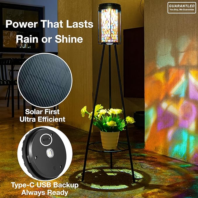 Outdoor Lamps for Patio, Outdoor Floor Lamp with Plant Stand, Solar Powered RGB Lights, Waterproof Standing Lamp for Garden Yard Décor, Stained Glass Decorative Floor Lamp, Gift for Women Mom