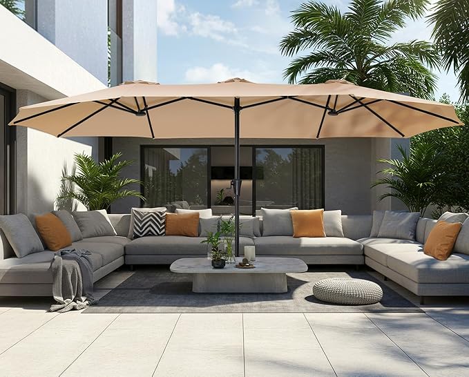 SUPERJARE 15FT Outdoor Umbrella for Patio, Double sided Pool Umbrellas with Fade Resistant Canopy, Large Table Umbrella for Deck, Market, Backyard - Beige(No Base)