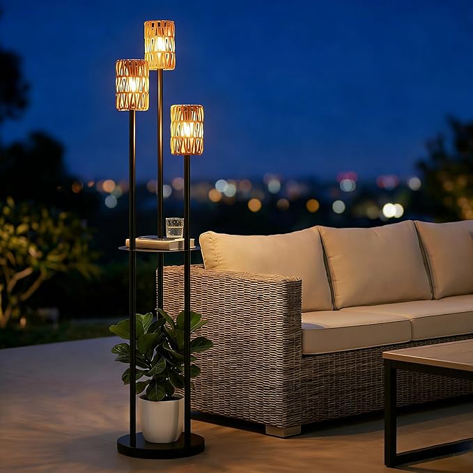 Solar Outdoor Floor Lamp Waterproof, Cordless Outdoor Lamps for Patio with Shelves Plant Stand, Rattan Solar Lamp for Outside, Wireless Outdoor Light for Yard Garden Deck Porch Decor