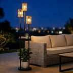 Solar Outdoor Floor Lamp Waterproof, Cordless Outdoor Lamps for Patio with Shelves Plant Stand, Rattan Solar Lamp for Outside, Wireless Outdoor Light for Yard Garden Deck Porch Decor
