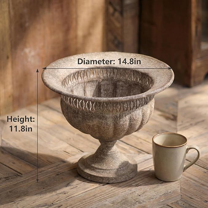 Vintage Urn Planter with Embossed Pattern, Imitation Stone Finish Flower Pot, Distressed Classic Plant Pot for Outdoor Indoor Home Garden Patio Front Porch Entryway（14.8 * 12 in）