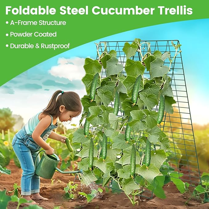 Foldable Cucumber Trellis, 48" L x 34" W A-Frame Trellis, Climbing Plants Support Raised Bed Trellis with Twist Ties & Plant Bags for Outdoor Yards Gardens