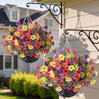 Artificial Flower & Eucalyptus with Hanging Basket - 2PCS Faux UV Sun Resistant Morning Glory in Planter, Fake Colorful Silk Flowers for Spring Summer Porch Patio Balcony Yard Decor (Mixed Color)