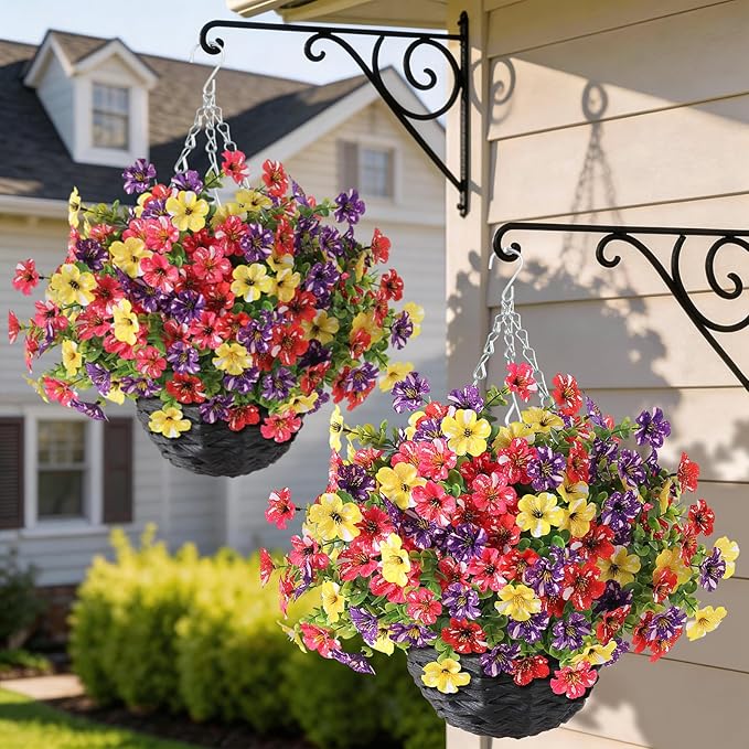 Artificial Flower & Eucalyptus with Hanging Basket - 2PCS Faux UV Sun Resistant Morning Glory in Planter, Fake Colorful Silk Flowers for Spring Summer Porch Patio Balcony Yard Decor (Mixed Color)