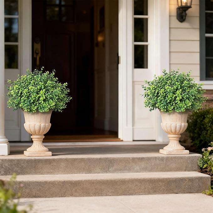 Set of 2 Artificial Boxwood Topiary Trees for Front Door - Faux Realistic Greenery Potted Plants, Fake Outdoor UV-Resistant Bushes with Pots for Porch,Farmhouse,Home,Garden Decor