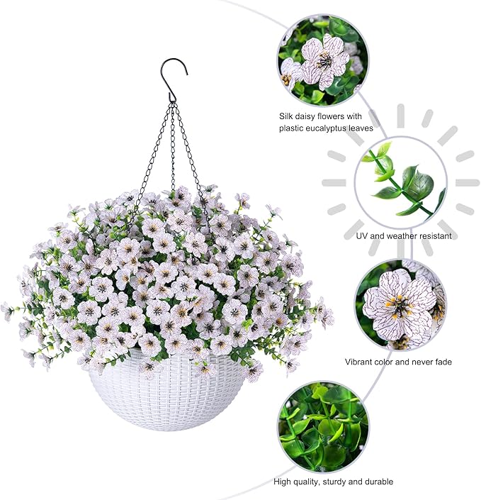 HyeFlora Artificial Fake Hanging White Flowers Plants Basket for Outdoor Outside Fall Winter, Faux Silk Daisy UV Resistant Look Real for Christmas Porch Patio Balcony Home Yard Decoration