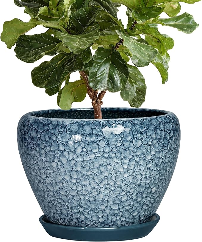 10 Inch Plant Pot - Ceramic Pots for Plants with Drainage Hole and Saucer, Ceramic Planters for Indoor Outdoor Plants, Round Flower Pots, Entryway Decor, Gifts for Plant Lovers, Stone Blue