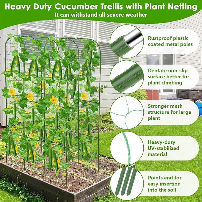 ROADPLUM Cucumber Trellis for Climbing Plants with Grow Bag, 61" Tall Metal U-Frame Garden Trellis for Raised Bed with Garden Netting and Plant Clip Plant Ties for Vegetables, Squash, Pea, Grape