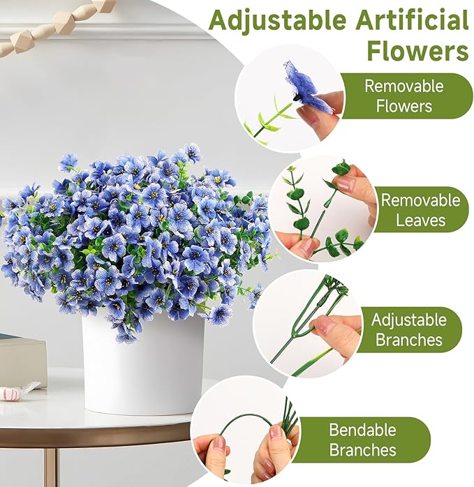 Alupssuc 24 Bundles Artificial Flowers for Outdoors Decoration, UV Resistant Silk Faux Daisy Flora Spring Fake Plastic Plants Greenery for Outside Indoor Yard Home Porch Window Box Decor, Blue