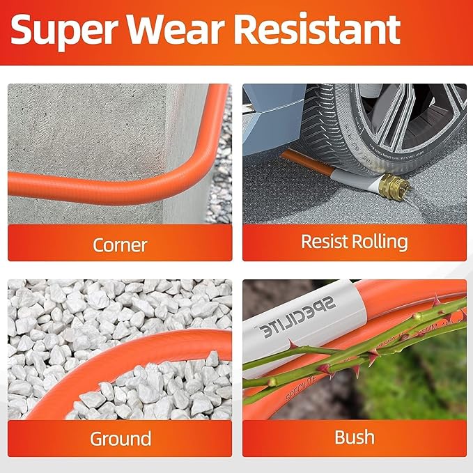 SPECILITE Garden Water Hose 15 ft x 5/8 in, Heavy Duty Leader Pipe Extension, Flexible, Lightweight Kink-less,Hybrid Rubber, with 3/4" Brass Fittings, Orange