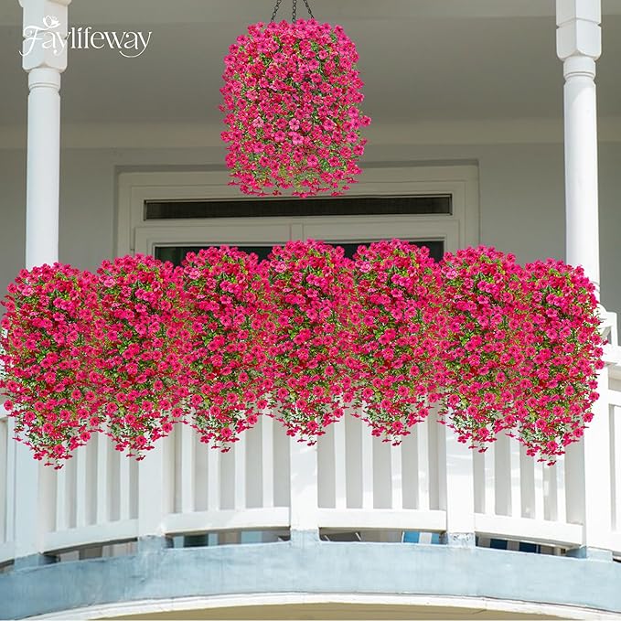 Artificial Hanging Flowers for Outdoors Spring Summer Decoration, 4PCS UV Resistant Silk Fake Hanging Plants for Patio Porch Front Yard Window Garden Indoor Decor(Hot Pink,8PCS)