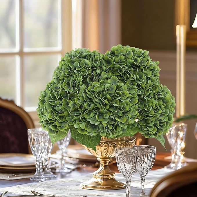 Coferset Dark Green Hydrangea Artificial Flowers 3pcs Lifelike Faux Hydrangea Real Touch Fake Flowers for Home Wedding Office Party Living Room Decoration,22inch