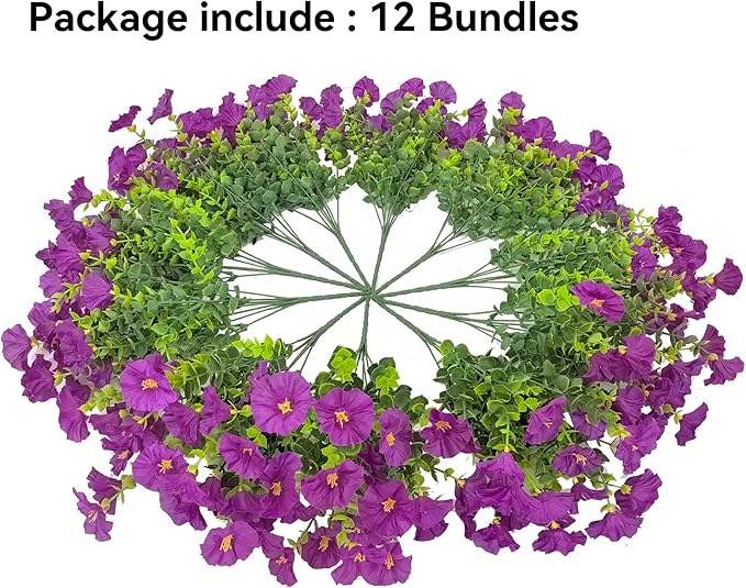 Artificial Faux Flowers for Outdoors, 12 Bundles Artificial Plants Outdoor UV Resistant, Fake Morning Glory Silk Flowers for Outside Planter Porch Patio Yard