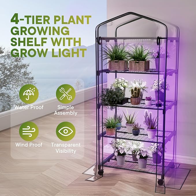Indoor Greenhouse with Grow Lights & Wheels, 4 Tier Wire Shelf PVC Tent Portable Mini Green House Cabinet Kit for Plant Seed Starting Mushroom Grow