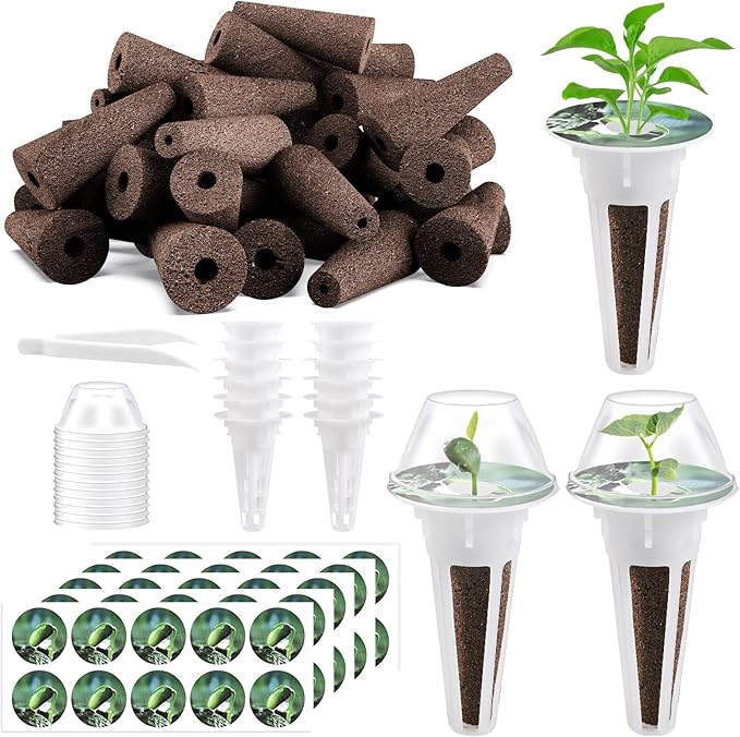 Tigvio 125 Piece Hydroponic Pods Kit: Grow Anything with 50 Grow Sponges, 12 Baskets, 12 Domes, 50 Labels, 1 Tweezer - Compatible with All Hydroponics Brands