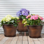 10 Inch Planters Plant Pots Indoor Outdoor, 4 Pack Plastic Flower Pot for Indoor Plants with Drainage Holes & Trays, Resin Decorative Container Sets with Saucer for House Garden Copper
