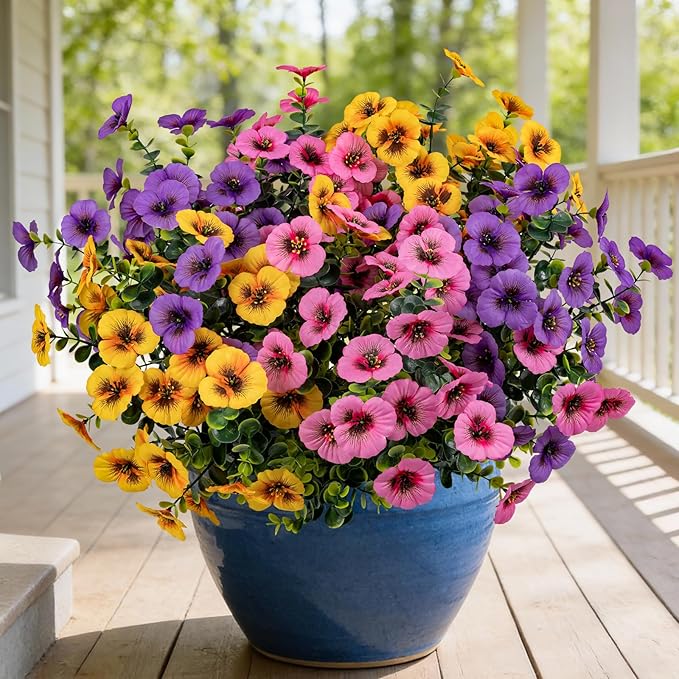 17 Inch Artificial Faux Pansy Flowers for Outdoor,Fake Pansies Flowers with Eucalyptus Leaves Fake Plants Greenery Boxwood Porch Patio Decor 6 Bundles(Light Purple,Pink,Dark Yellow)