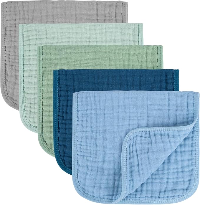 MIGIOL Baby Burp Cloths 100% Cotton Newborn Muslin Burp Cloths 10x20 inches Baby Essentials (5, Blue & Green)
