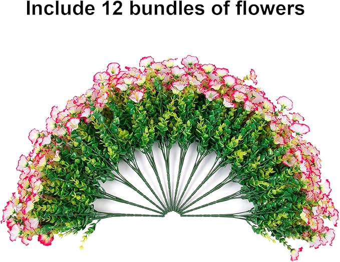 HyeFlora Artificial Faux Outdoor Flowers Plants for Spring Summer Decoration, 12 Bundles Silk Outside Morning Glory UV Resistant Realistic Fake Flowers for Planter Front Door Patio Yard Window Porch