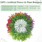 Alupssuc 24 Bundles Artificial Flowers for Outdoors Spring Summer Decoration, UV Resistant Eucalyptus Violet and Lavender Silk Fake Plants for Outside Indoor Yard Home Patio Decor, Orange Rose Purple