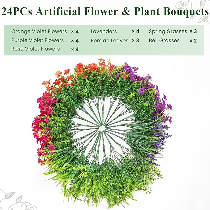 Alupssuc 24 Bundles Artificial Flowers for Outdoors Spring Summer Decoration, UV Resistant Eucalyptus Violet and Lavender Silk Fake Plants for Outside Indoor Yard Home Patio Decor, Orange Rose Purple