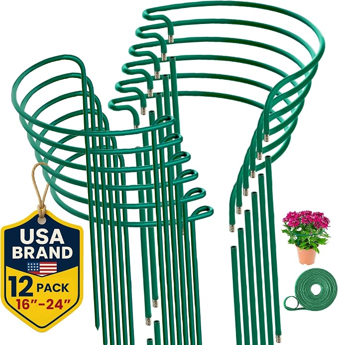 12 Pack Plant Support Stakes – Tall Plant Stakes for Indoor and Outdoor Gardens - Peony Cages and Supports - Cage Rings for Potted Flowers, Peony, Hydrangea, and Rose Bush (10" W x 16" - 24" H)