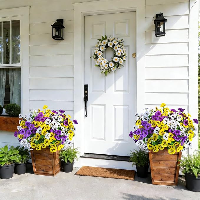 20 Pcs Artificial Fake Pansy Flowers for Outdoors, Faux Silk Pansies Spring Flowers UV Resistant Artificial Plants Outdoor for Planter Front Door Porch Yard Patio Home Decor(Purple Yellow White)