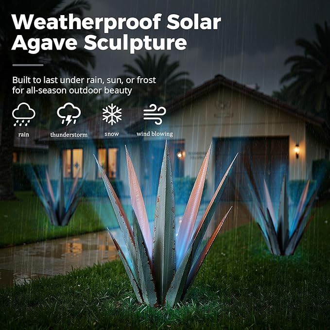 24” Large Solar Metal Agave Plants Outdoor Decor, Tequila Rustic Sculpture Outdoor Statues, Garden Sculpture for Patio Path Courtyard and Lawn (Vintage Blue-Solar Light)