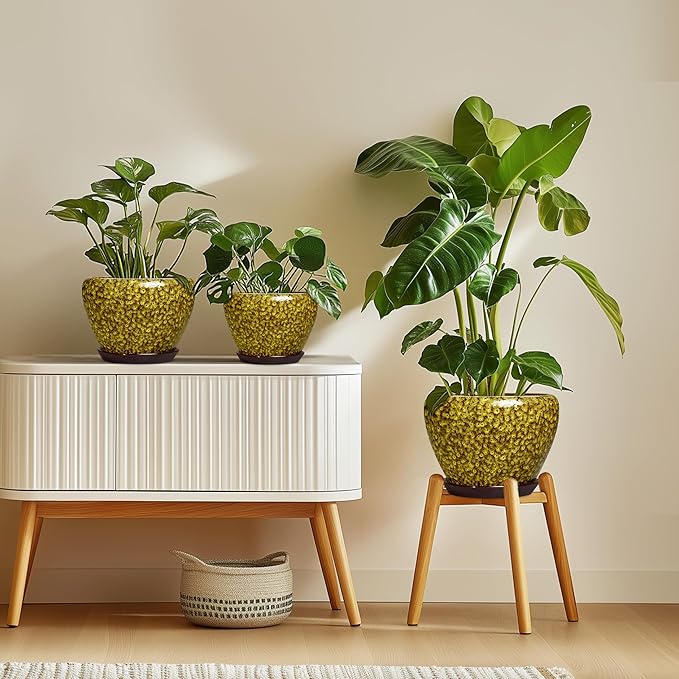 6 Inch Ceramic Plant Pots - Ceramic Pots for Plants Indoor Outdoor, Decorative Round Planter with Drainage Hole and Tray, Small Flower Pot, Bedroom Decor, Plant Lover Gifts, Yellow Leopard