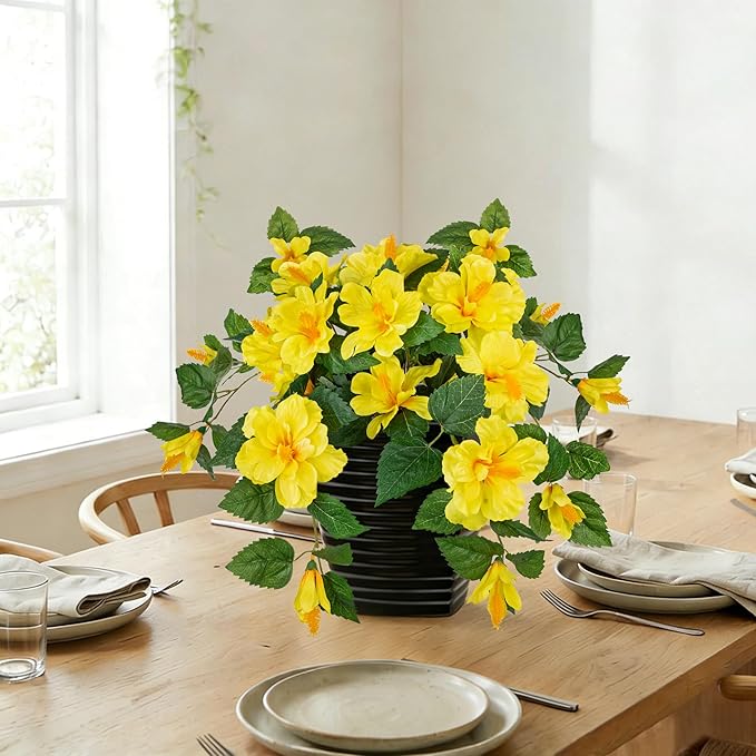 Briful 15.7'' Artificial Hibiscus Plant in Tall Black Woven Planter, Tropical Faux Hibiscus Flowers with Cascading Leaves, Small Fake Flower Pot for Bathroom, Entryway Table, Living Room Decor, Yellow