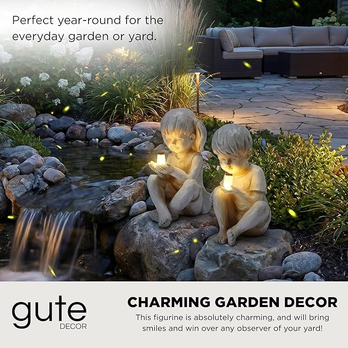 Large Garden Children Statues Light Up Firefly Jar Solar Powered | Set of 2 Figurines | Girl & Boy Garden Yard Art Décor, Indoor & Outdoor Ornament Gifts for Lawn, Patio , 7.5" W x11. 8”H Cream Gift