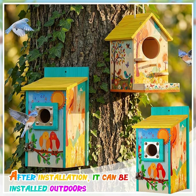 Liliful 4 Pack Birdhouse Crafts for Kids, Wooden Creative DIY Bird House Kits Arts and Crafts Set for Kids and Adults, Spring Birthday Gifts for Toddlers Ages (Playful Style)