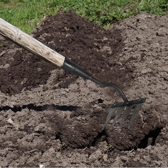 Garneck Heavy Duty Small Garden Rake with 4 Sharp Teeth, Reinforced Steel Manual Weeding Rake for Soil Turning and Lawn Leveling, Sturdy Hand Tool for Gardening and Landscape Care