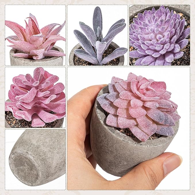 Set of 6 Artificial Succulents Potted - Realistic Mini Fake Cactus Plants in Paper Pulp Pots, 2-4'' Mixed Sizes for Farmhouse Shelf, Bathroom, Coatrack Shelf, Bedroom Indoor(Elegant Style)