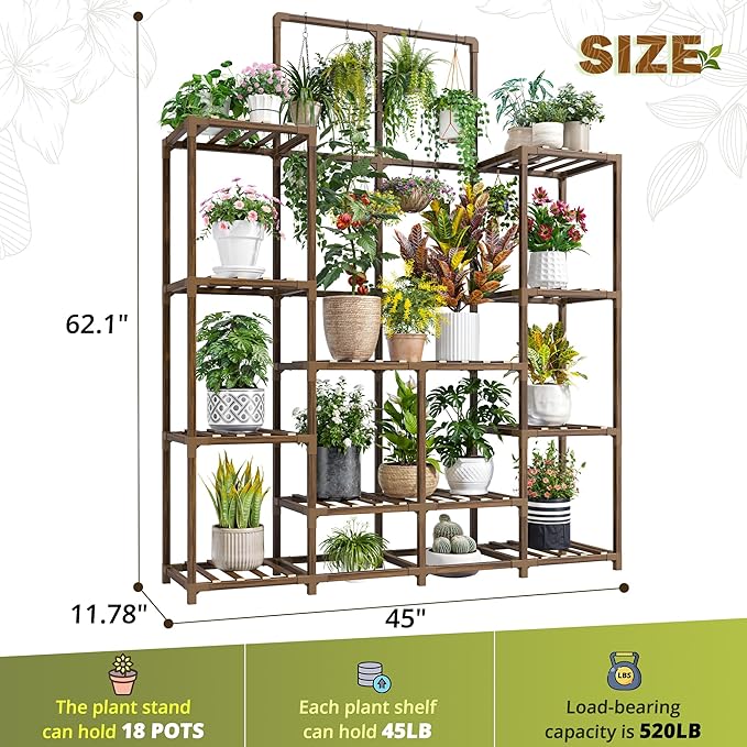 EnHomee Plant Stand Indoor Tall Plant Stand Outdoor Large Wood Plants Shelf with 16-18 Pots for Patio, Living Room, Garden, Balcony, 45" Wx62.1 Hx11.78 D