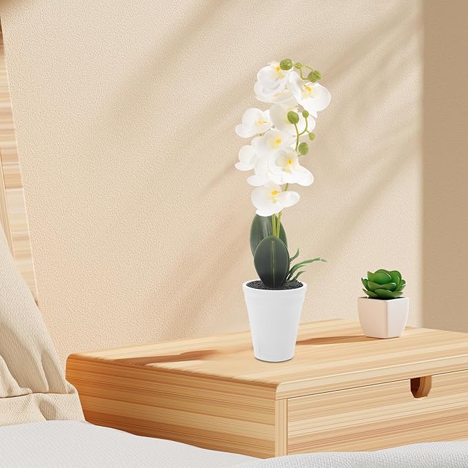 Tofficu Artificial Potted Plants Faux Phalaenopsis Bonsai White Simulation Orchid Indoor Home Decor Fake Plant Ornament for Living Room Office Desk Decoration