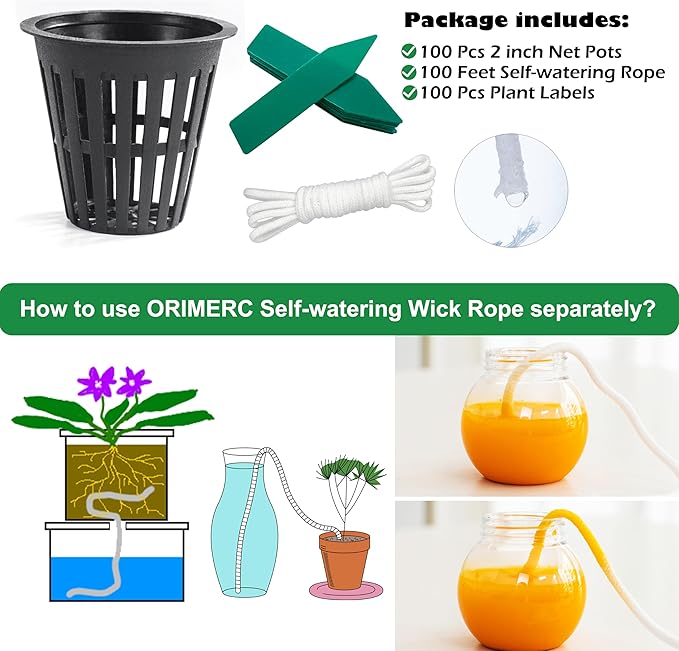 ORIMERC 2 inch Net Pots for Hydroponics Plants, 100 Pack Net Cups with Watering Rope & Plant Labels, for Hydroponic Supplies Aquaponics Vegetable Garden Growing Baskets Nursery Slotted Mesh tower Pots